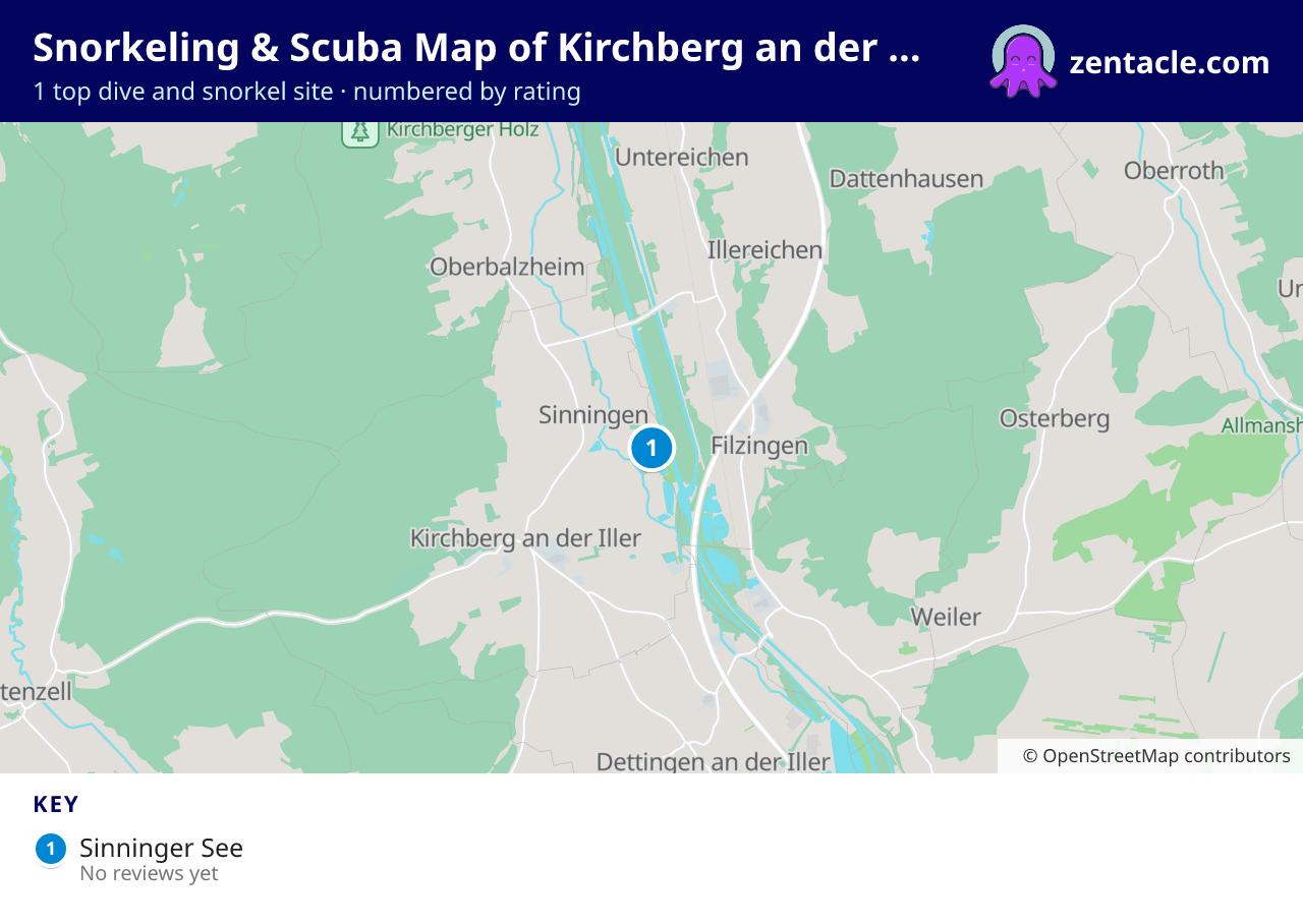 Snorkeling & Scuba Map of Kirchberg an der Iller: numbered map of the top 1 dive and snorkel sites, with ratings