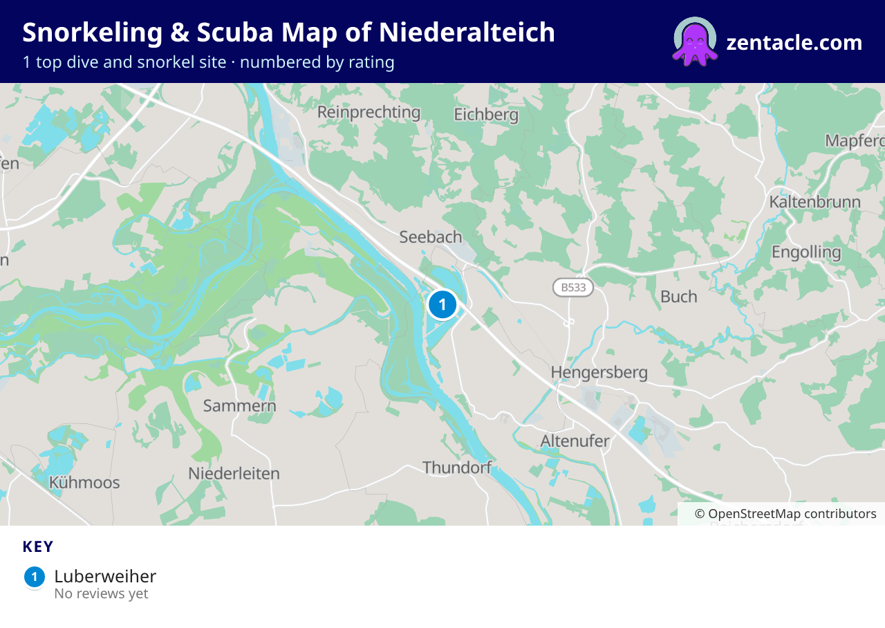 Snorkeling & Scuba Map of Niederalteich: numbered map of the top 1 dive and snorkel sites, with ratings