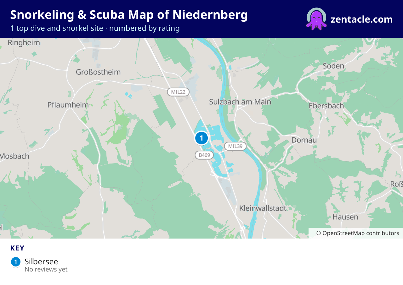 Snorkeling & Scuba Map of Niedernberg: numbered map of the top 1 dive and snorkel sites, with ratings