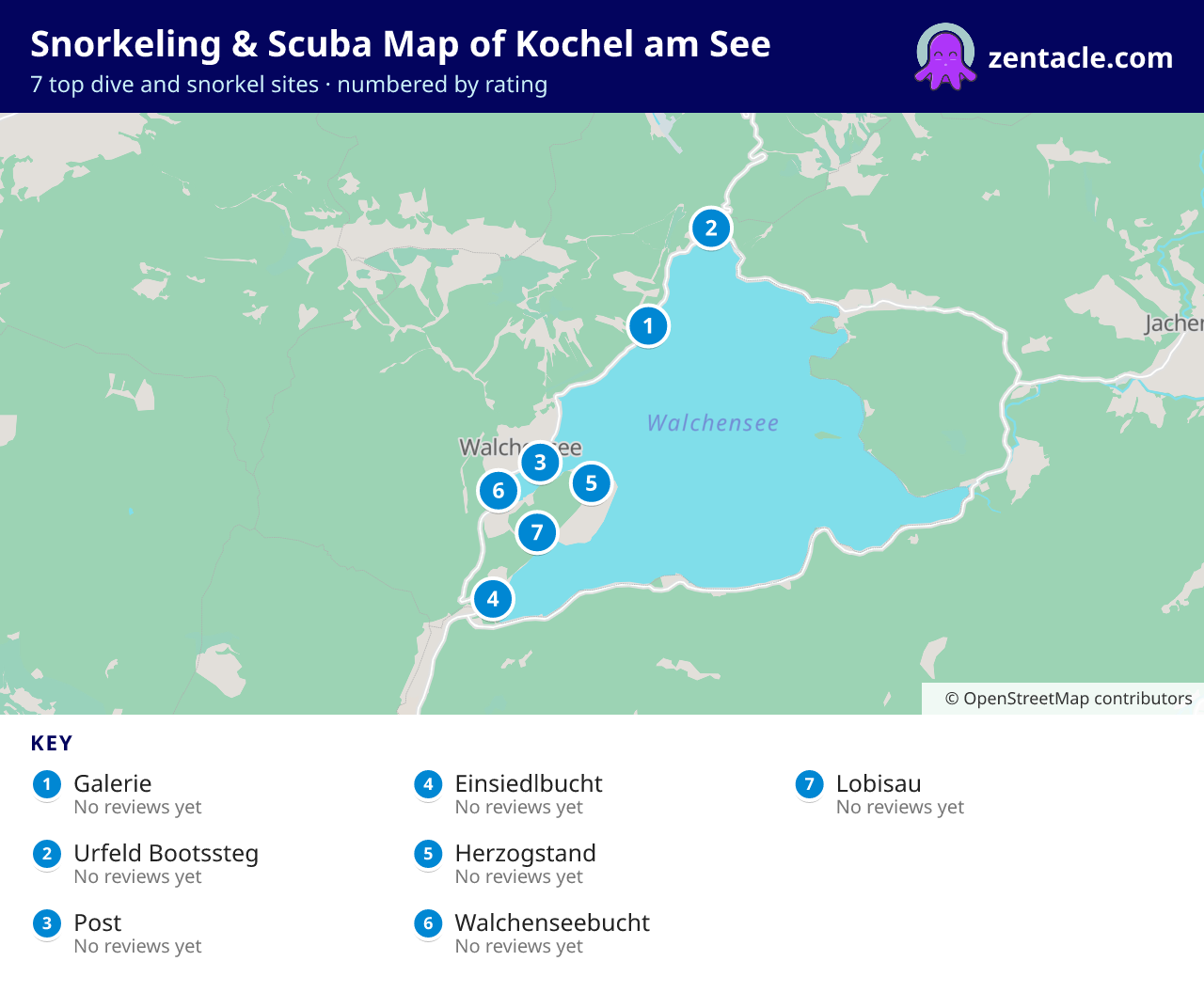 Snorkeling & Scuba Map of Kochel am See: numbered map of the top 7 dive and snorkel sites, with ratings