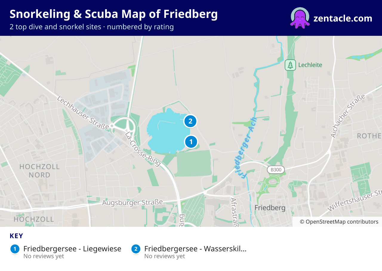 Snorkeling & Scuba Map of Friedberg: numbered map of the top 2 dive and snorkel sites, with ratings