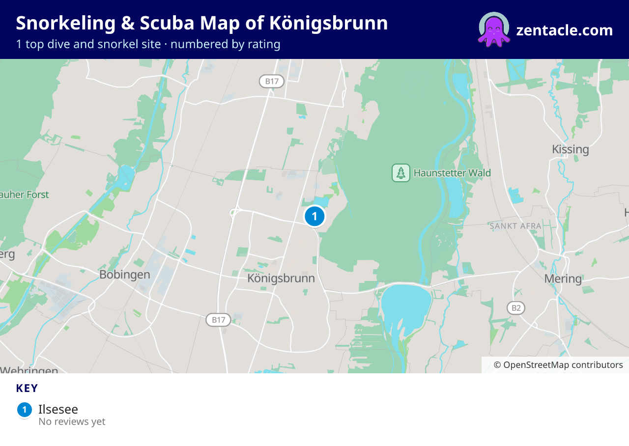 Snorkeling & Scuba Map of Königsbrunn: numbered map of the top 1 dive and snorkel sites, with ratings