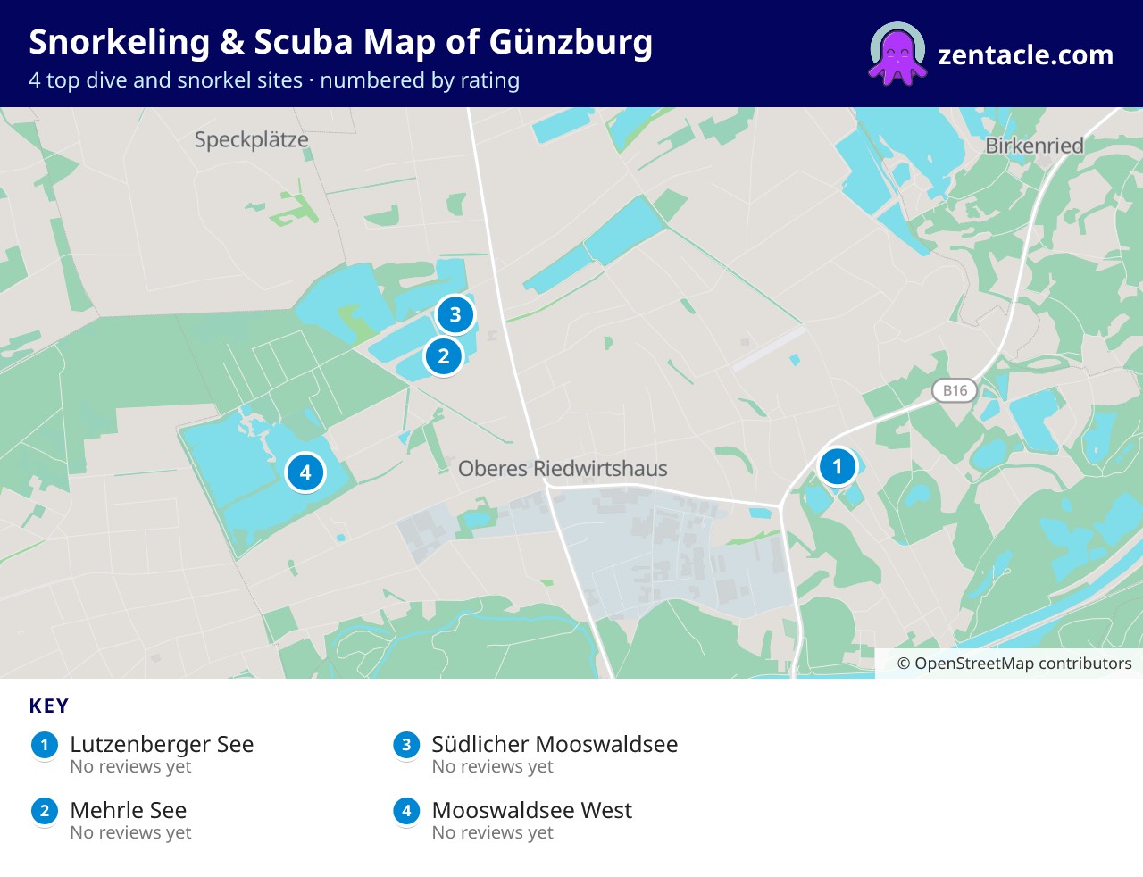 Snorkeling & Scuba Map of Günzburg: numbered map of the top 4 dive and snorkel sites, with ratings