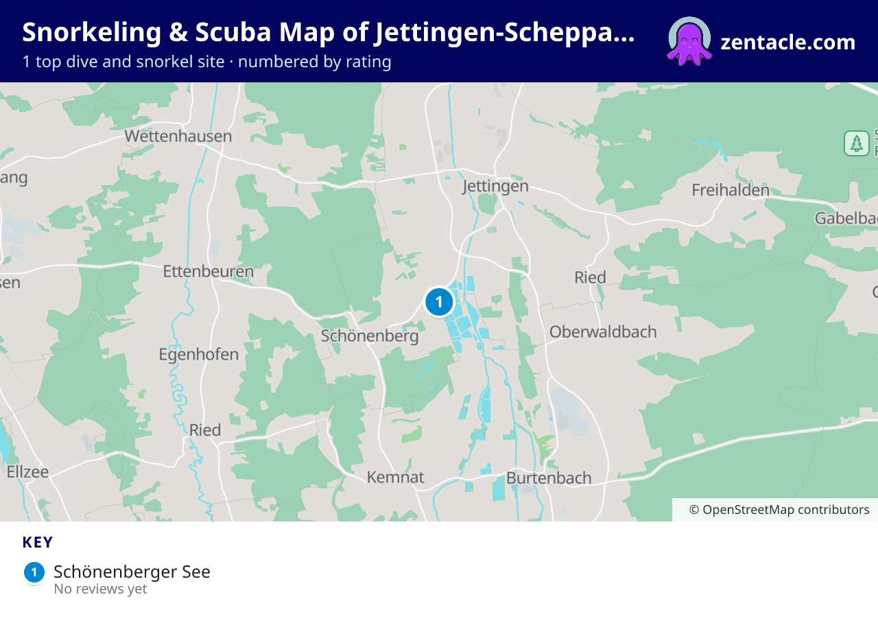 Snorkeling & Scuba Map of Jettingen-Scheppach: numbered map of the top 1 dive and snorkel sites, with ratings