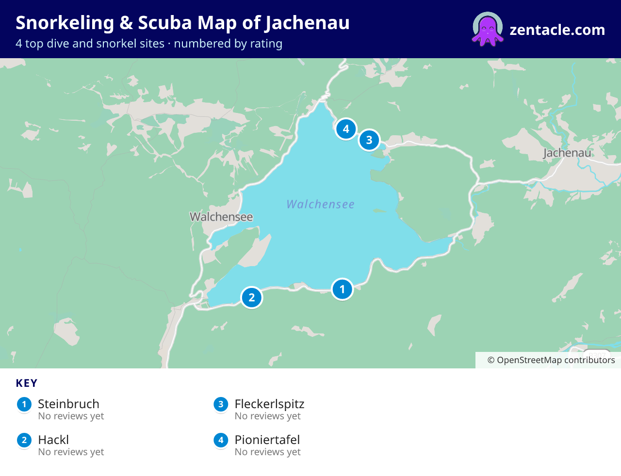 Snorkeling & Scuba Map of Jachenau: numbered map of the top 4 dive and snorkel sites, with ratings