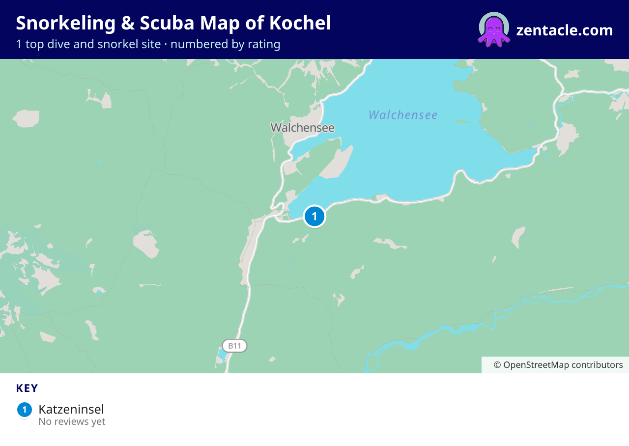 Snorkeling & Scuba Map of Kochel: numbered map of the top 1 dive and snorkel sites, with ratings