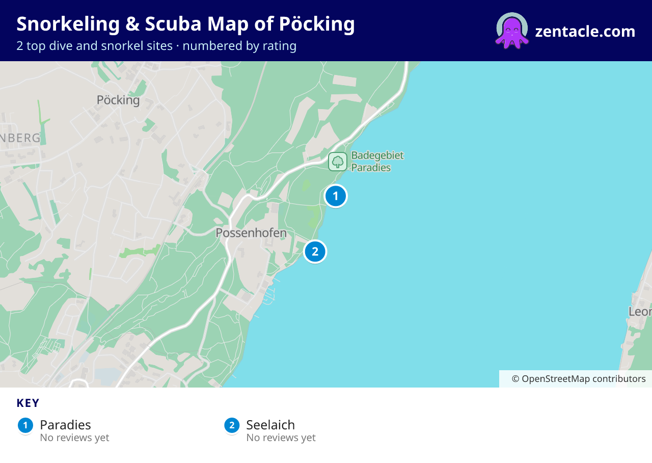 Snorkeling & Scuba Map of Pöcking: numbered map of the top 2 dive and snorkel sites, with ratings