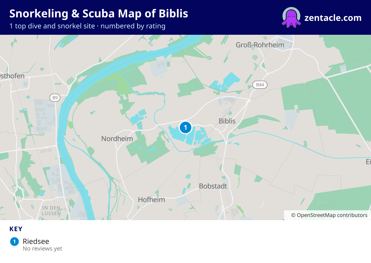Snorkeling & Scuba Map of Biblis: numbered map of the top 1 dive and snorkel sites, with ratings