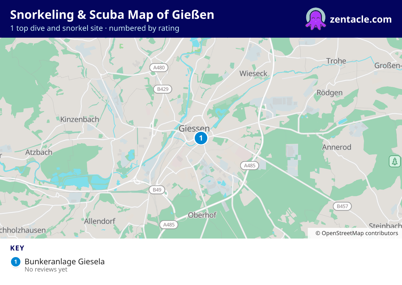 Snorkeling & Scuba Map of Gießen: numbered map of the top 1 dive and snorkel sites, with ratings