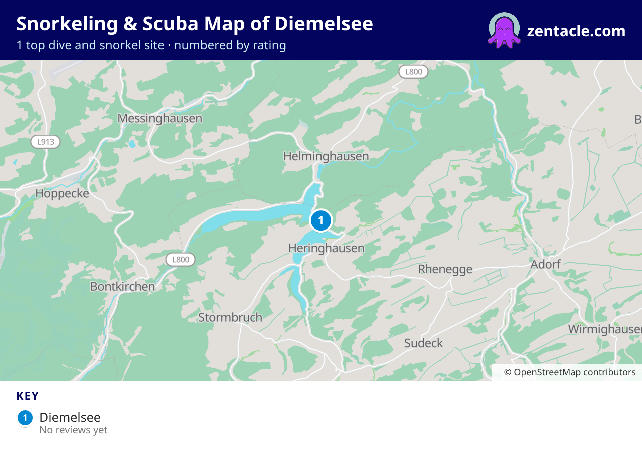 Snorkeling & Scuba Map of Diemelsee: numbered map of the top 1 dive and snorkel sites, with ratings