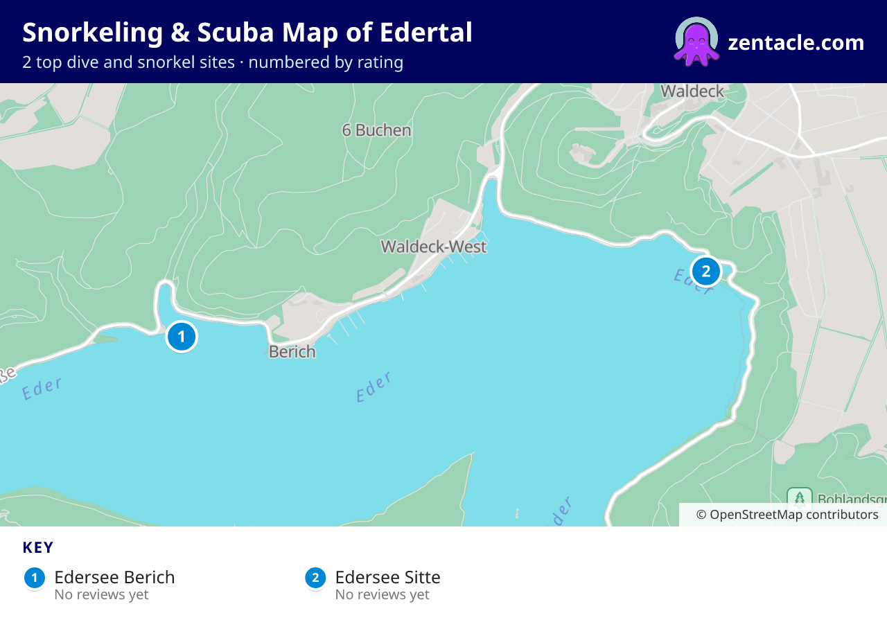 Snorkeling & Scuba Map of Edertal: numbered map of the top 2 dive and snorkel sites, with ratings