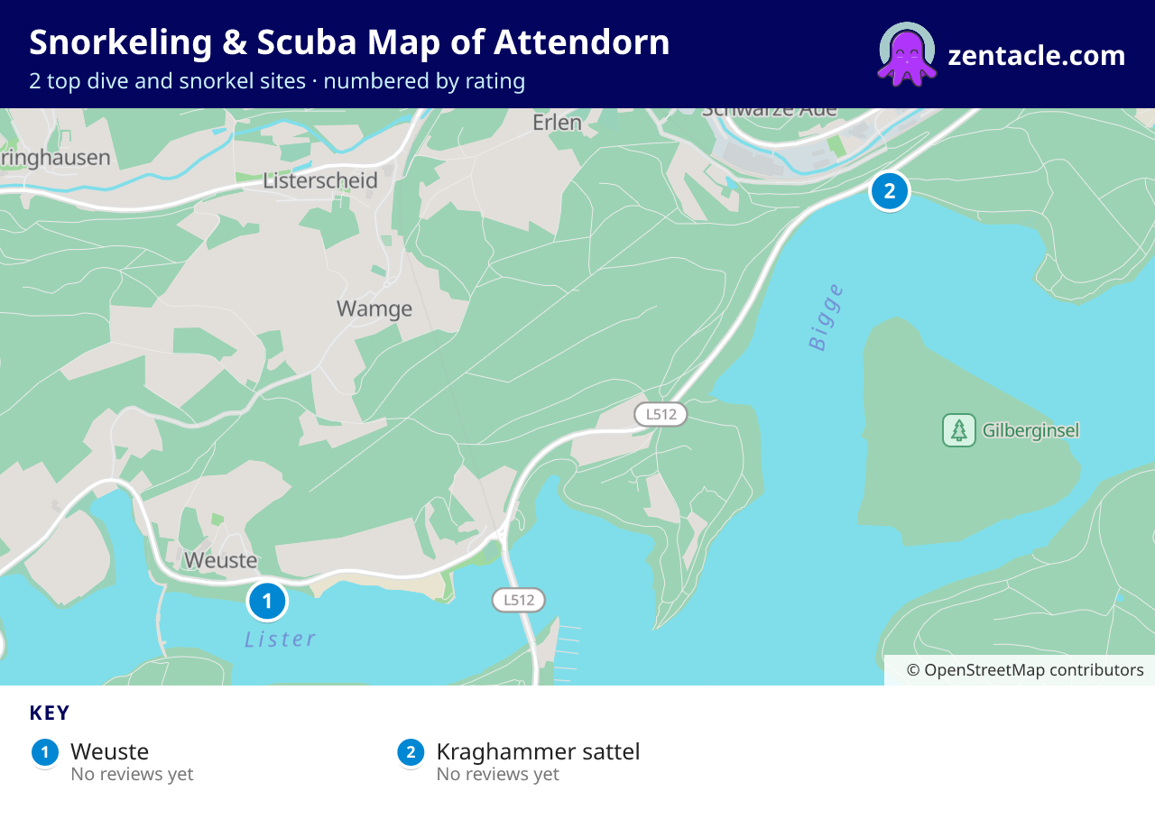 Snorkeling & Scuba Map of Attendorn: numbered map of the top 2 dive and snorkel sites, with ratings