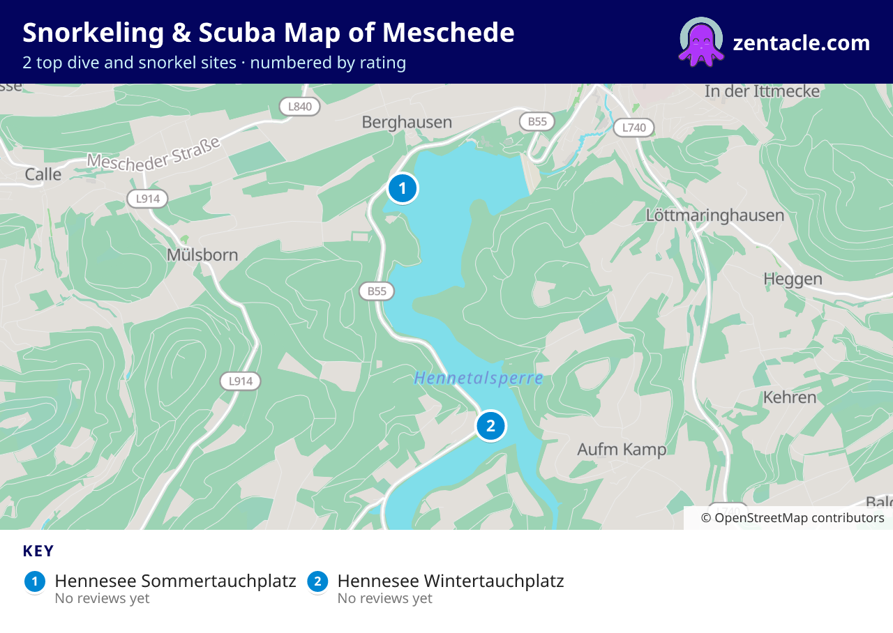 Snorkeling & Scuba Map of Meschede: numbered map of the top 2 dive and snorkel sites, with ratings