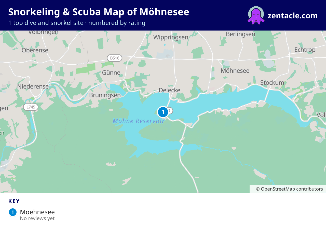 Snorkeling & Scuba Map of Möhnesee: numbered map of the top 1 dive and snorkel sites, with ratings