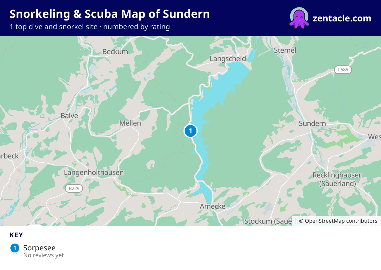 Snorkeling & Scuba Map of Sundern: numbered map of the top 1 dive and snorkel sites, with ratings