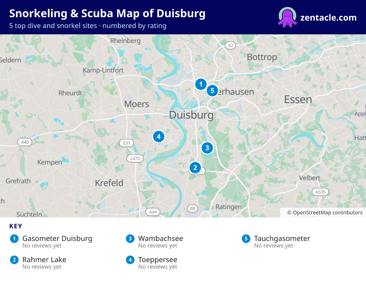 Snorkeling & Scuba Map of Duisburg: numbered map of the top 5 dive and snorkel sites, with ratings