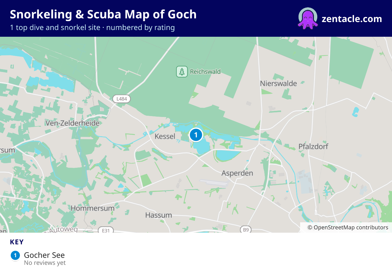 Snorkeling & Scuba Map of Goch: numbered map of the top 1 dive and snorkel sites, with ratings