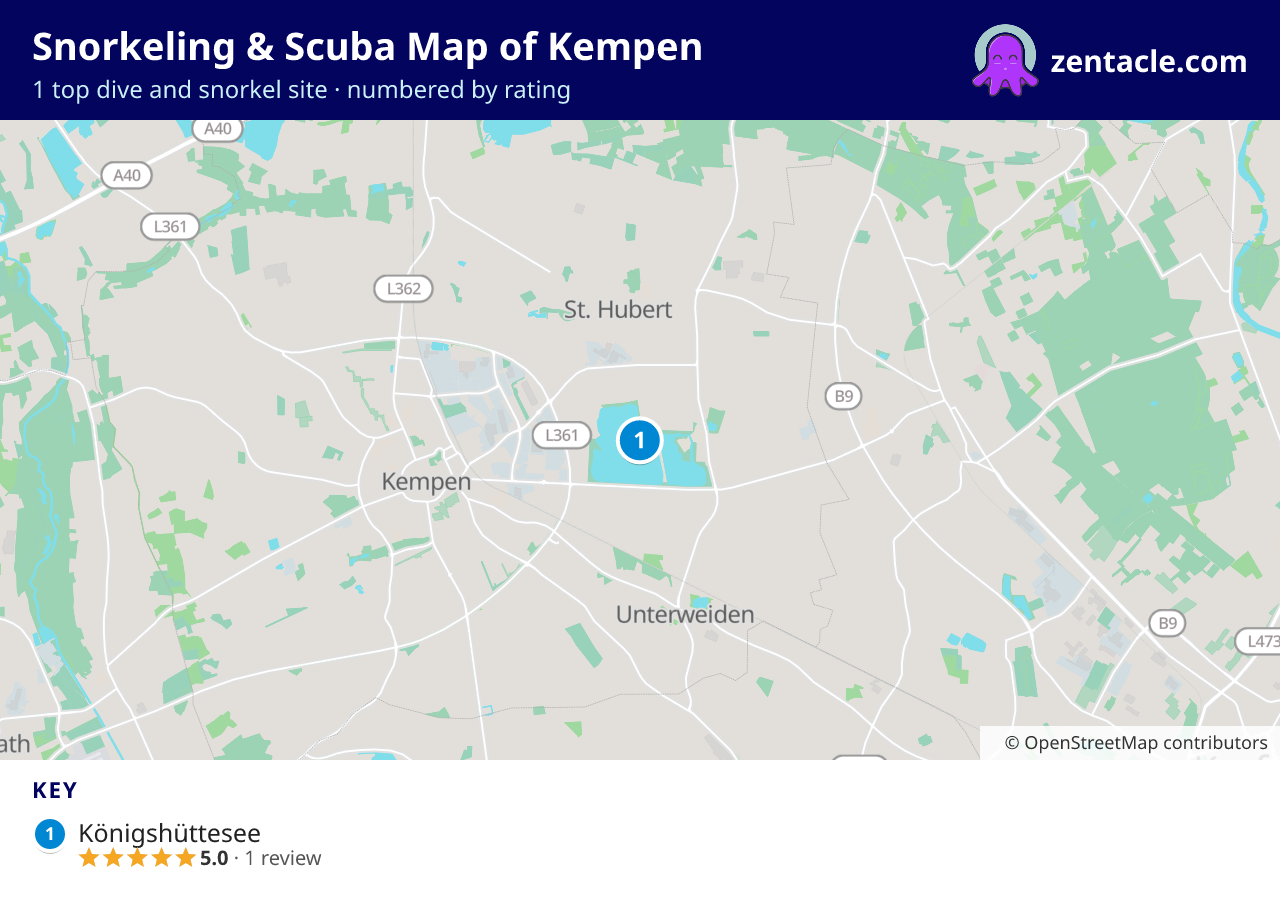 Snorkeling & Scuba Map of Kempen: numbered map of the top 1 dive and snorkel sites, with ratings
