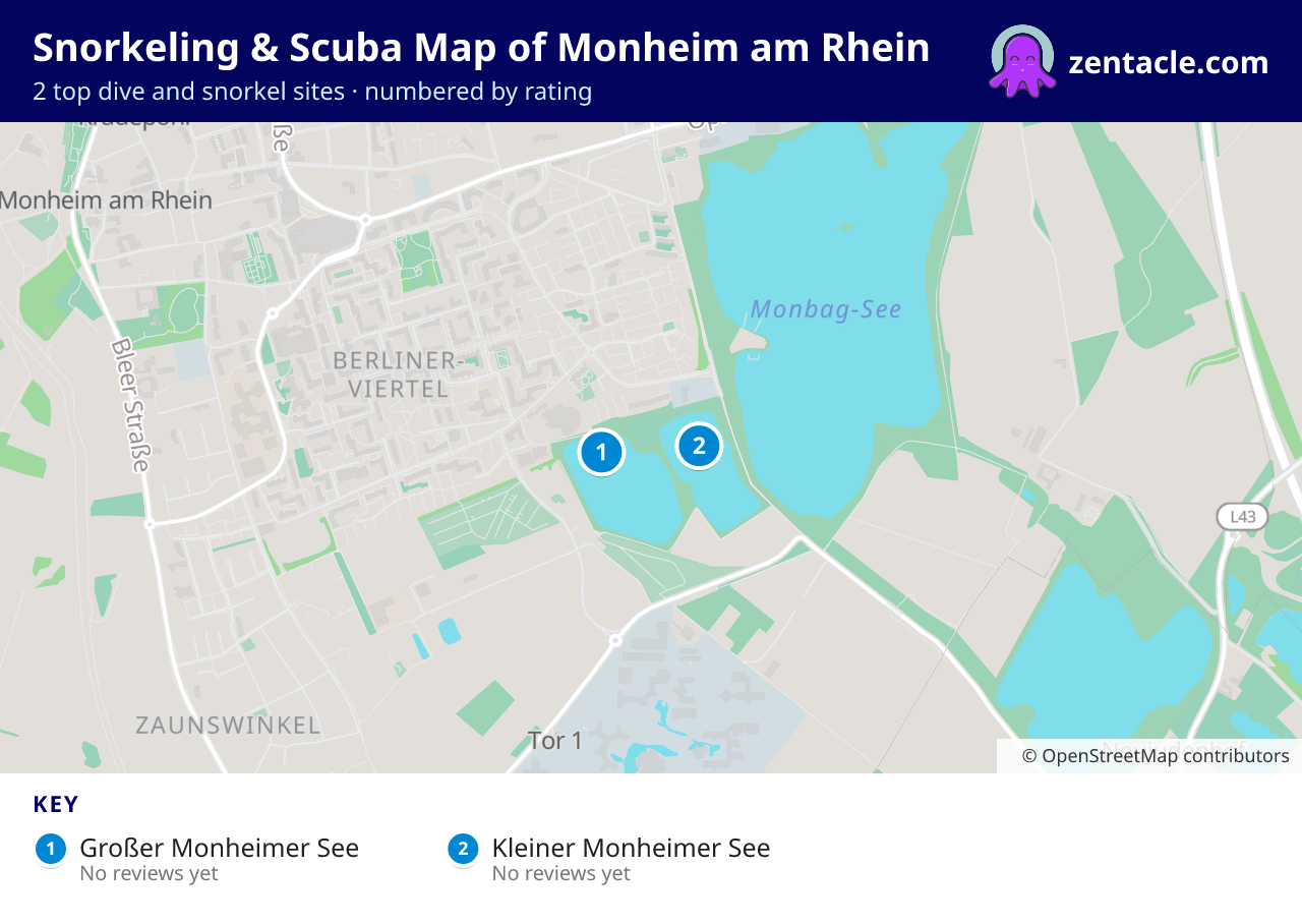Snorkeling & Scuba Map of Monheim am Rhein: numbered map of the top 2 dive and snorkel sites, with ratings