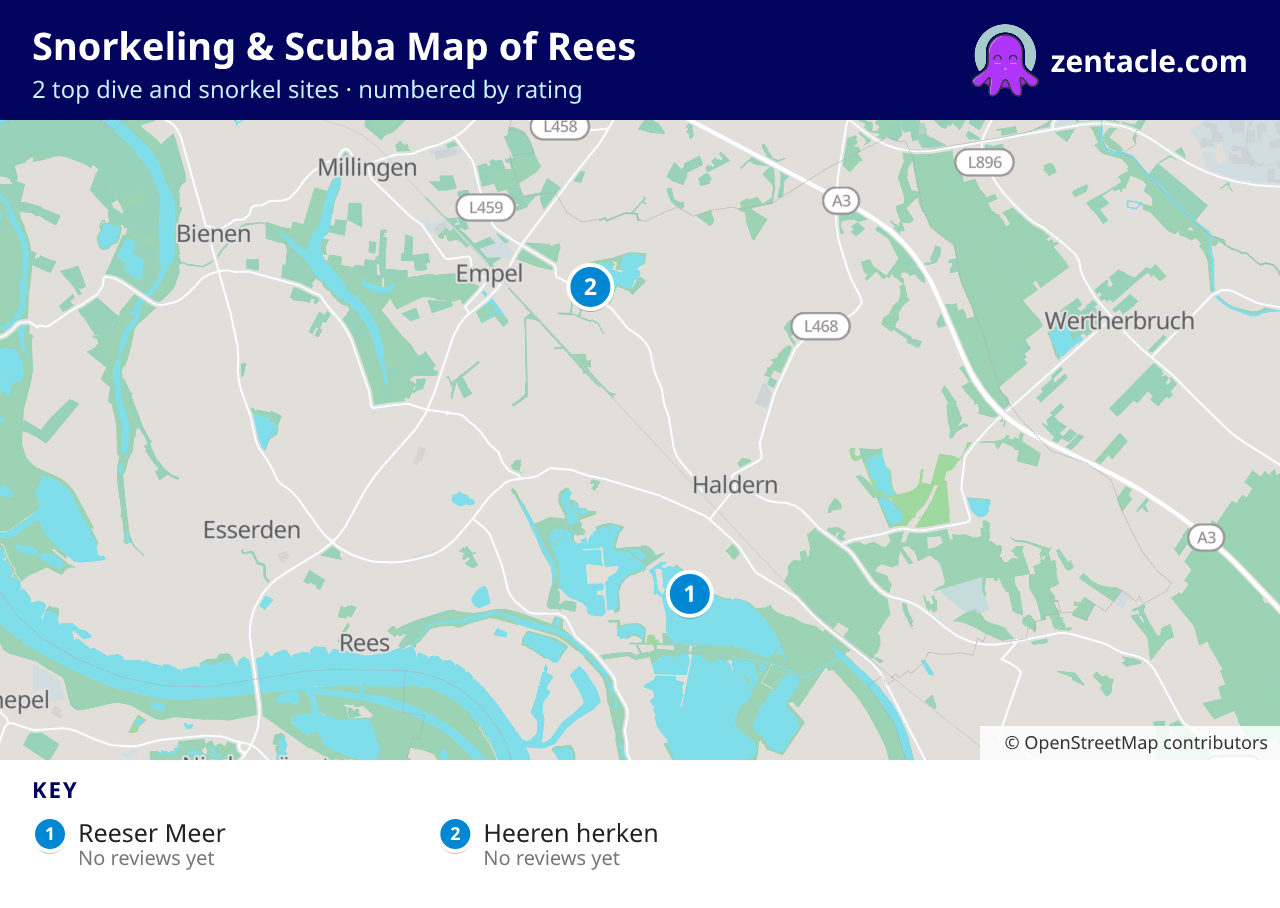 Snorkeling & Scuba Map of Rees: numbered map of the top 2 dive and snorkel sites, with ratings