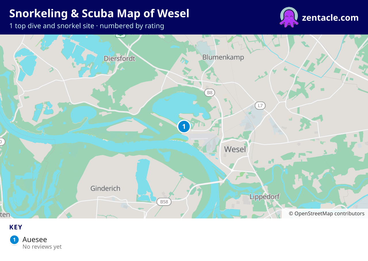 Snorkeling & Scuba Map of Wesel: numbered map of the top 1 dive and snorkel sites, with ratings