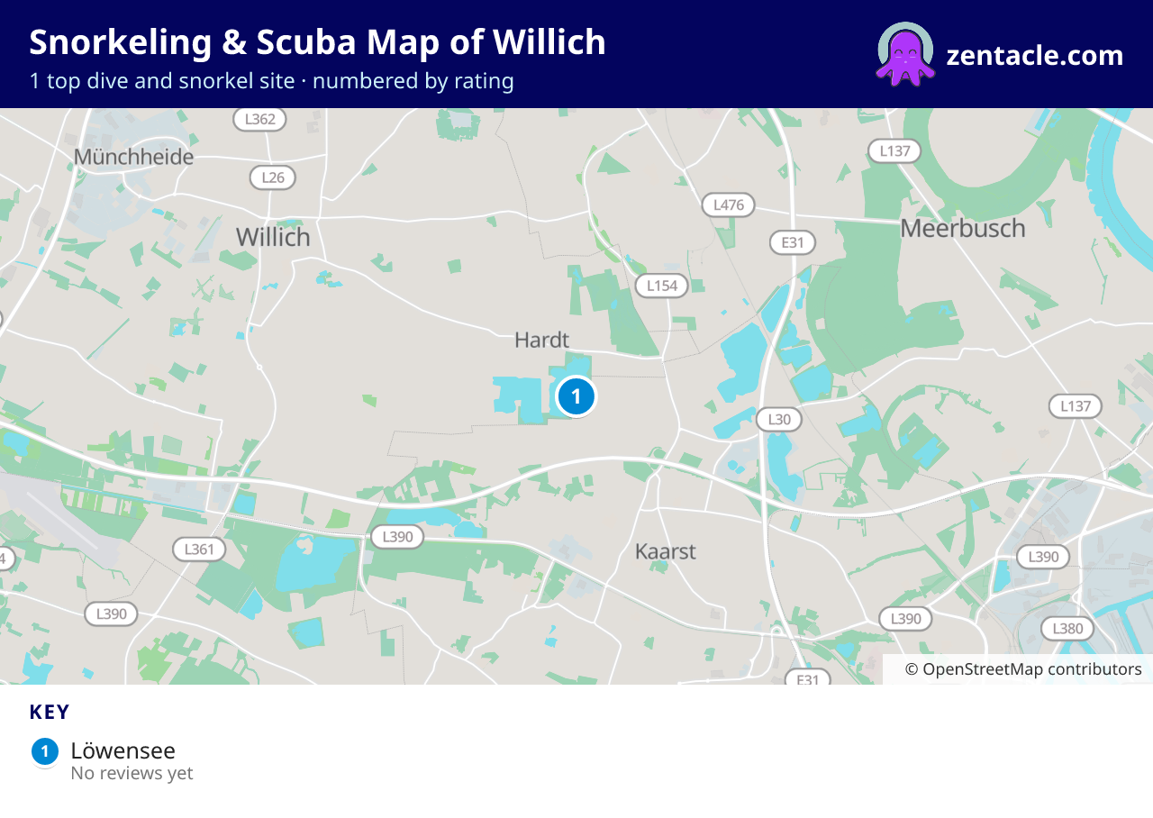 Snorkeling & Scuba Map of Willich: numbered map of the top 1 dive and snorkel sites, with ratings