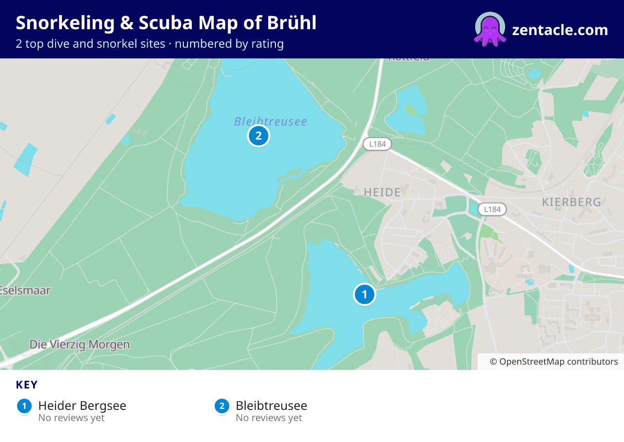 Snorkeling & Scuba Map of Brühl: numbered map of the top 2 dive and snorkel sites, with ratings