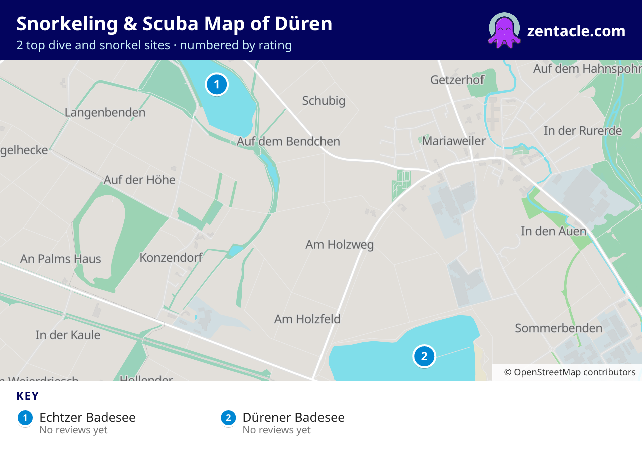 Snorkeling & Scuba Map of Düren: numbered map of the top 2 dive and snorkel sites, with ratings