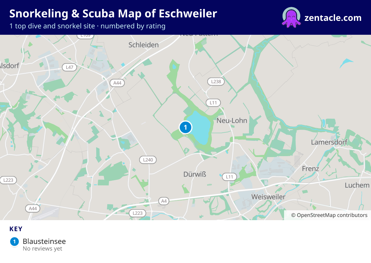Snorkeling & Scuba Map of Eschweiler: numbered map of the top 1 dive and snorkel sites, with ratings