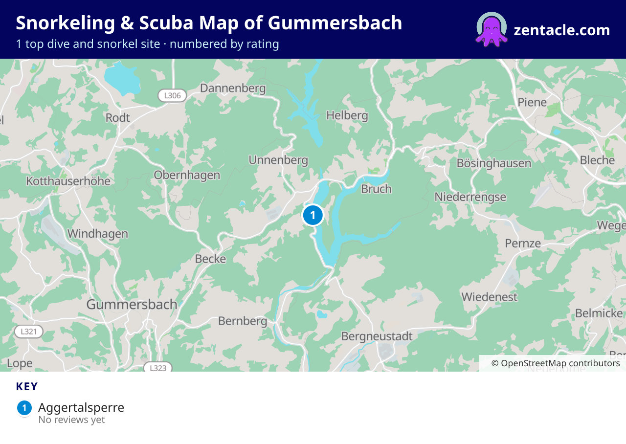 Snorkeling & Scuba Map of Gummersbach: numbered map of the top 1 dive and snorkel sites, with ratings