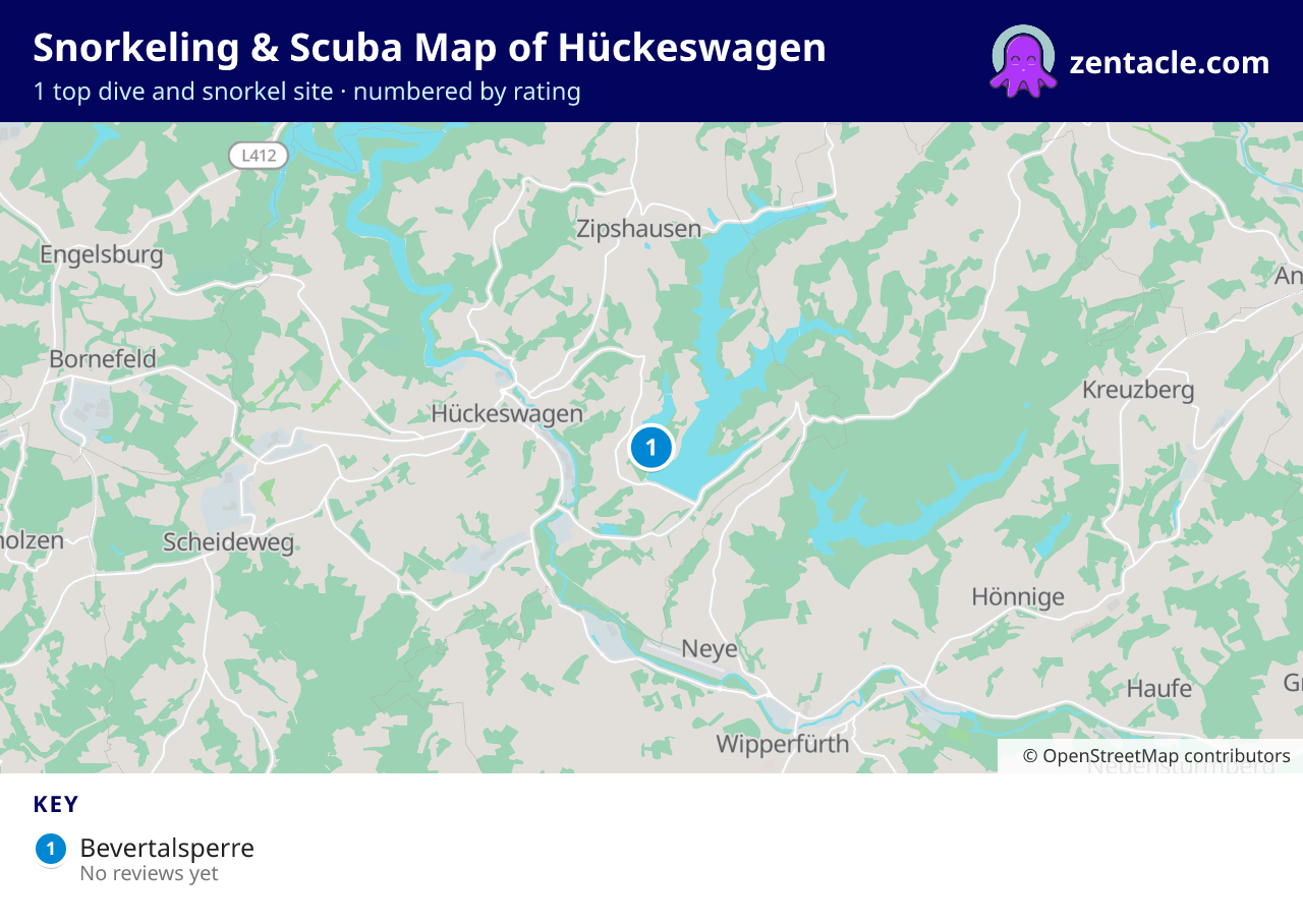 Snorkeling & Scuba Map of Hückeswagen: numbered map of the top 1 dive and snorkel sites, with ratings