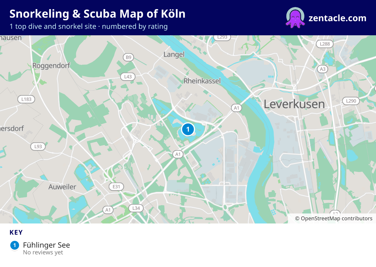 Snorkeling & Scuba Map of Köln: numbered map of the top 1 dive and snorkel sites, with ratings