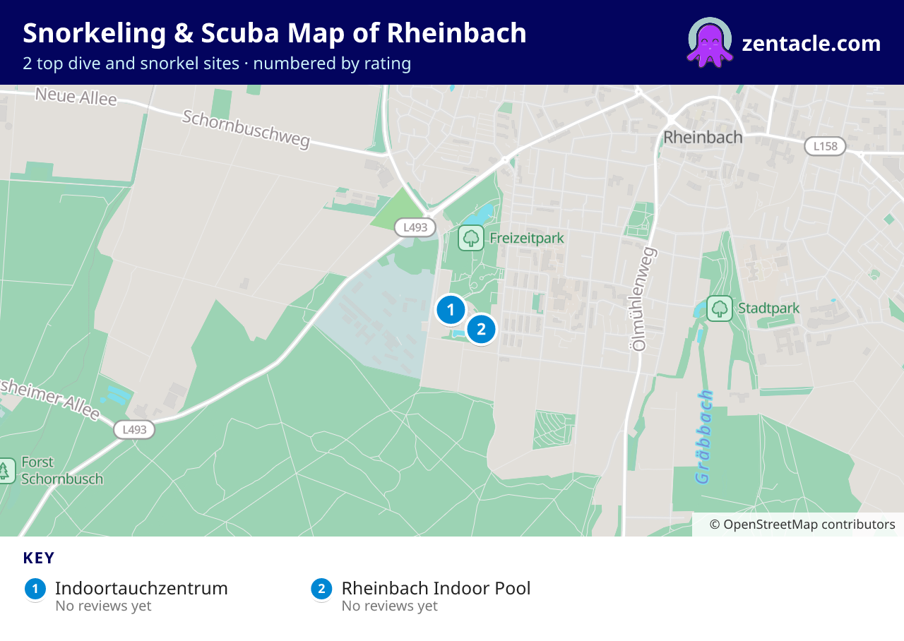 Snorkeling & Scuba Map of Rheinbach: numbered map of the top 2 dive and snorkel sites, with ratings