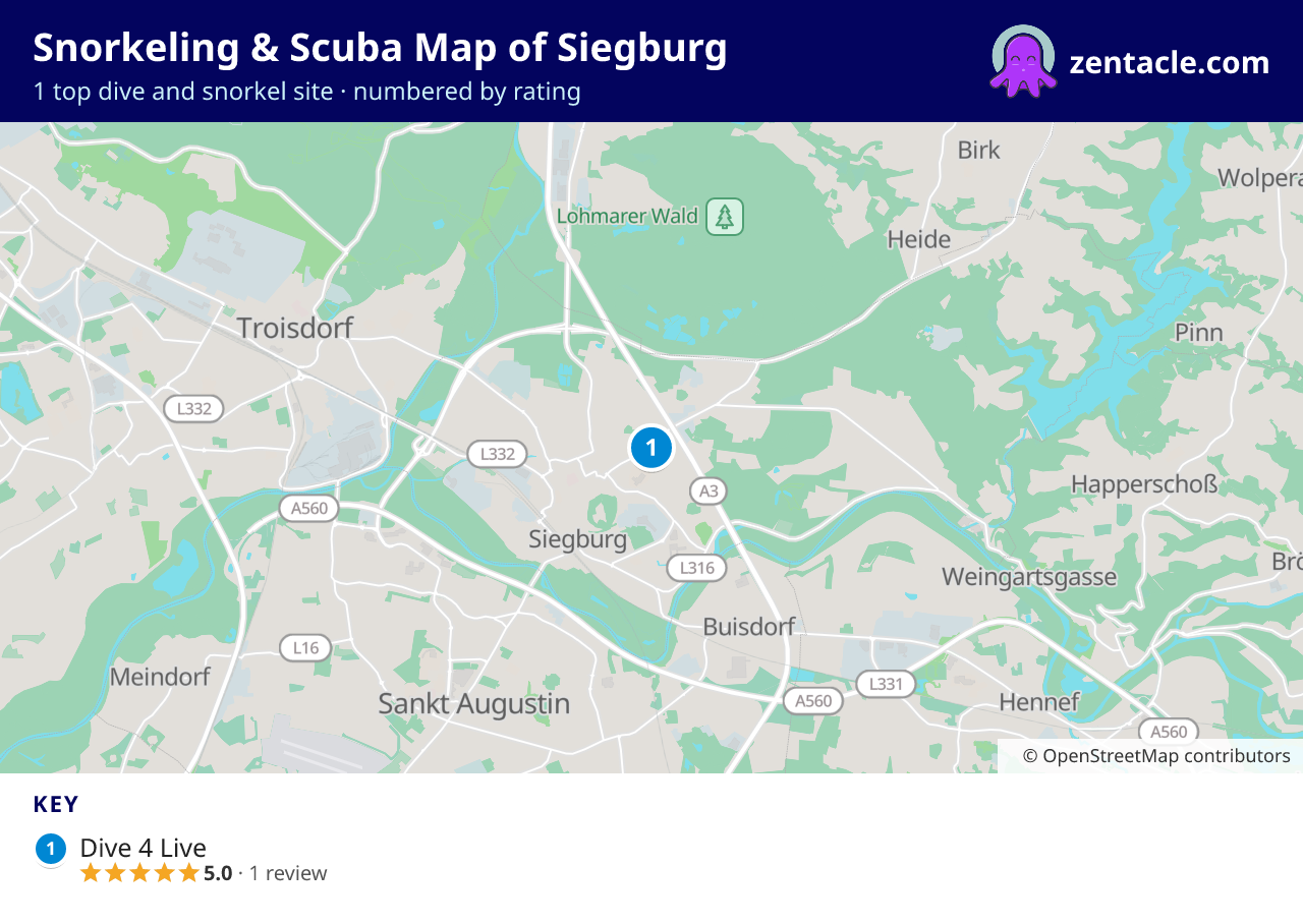 Snorkeling & Scuba Map of Siegburg: numbered map of the top 1 dive and snorkel sites, with ratings