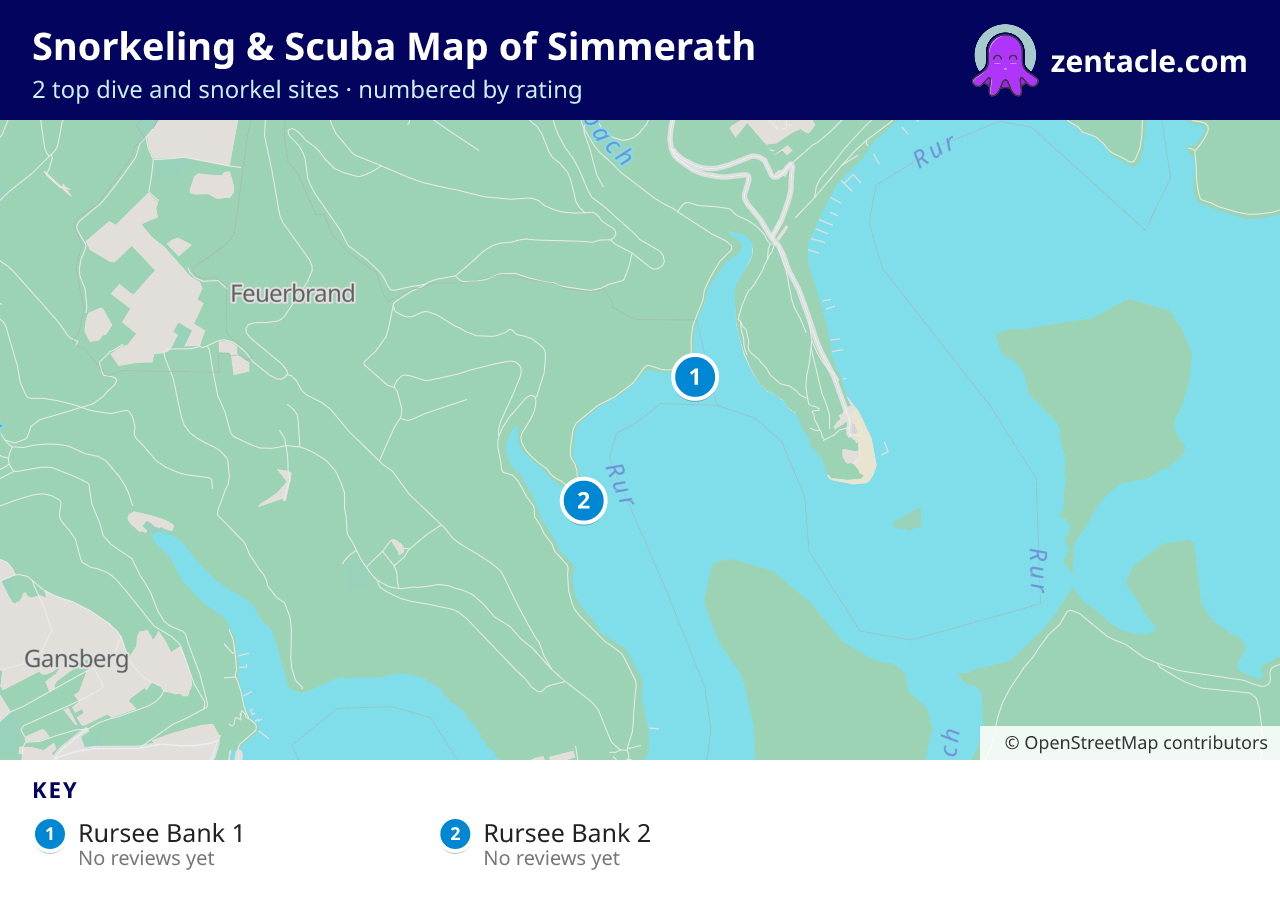 Snorkeling & Scuba Map of Simmerath: numbered map of the top 2 dive and snorkel sites, with ratings