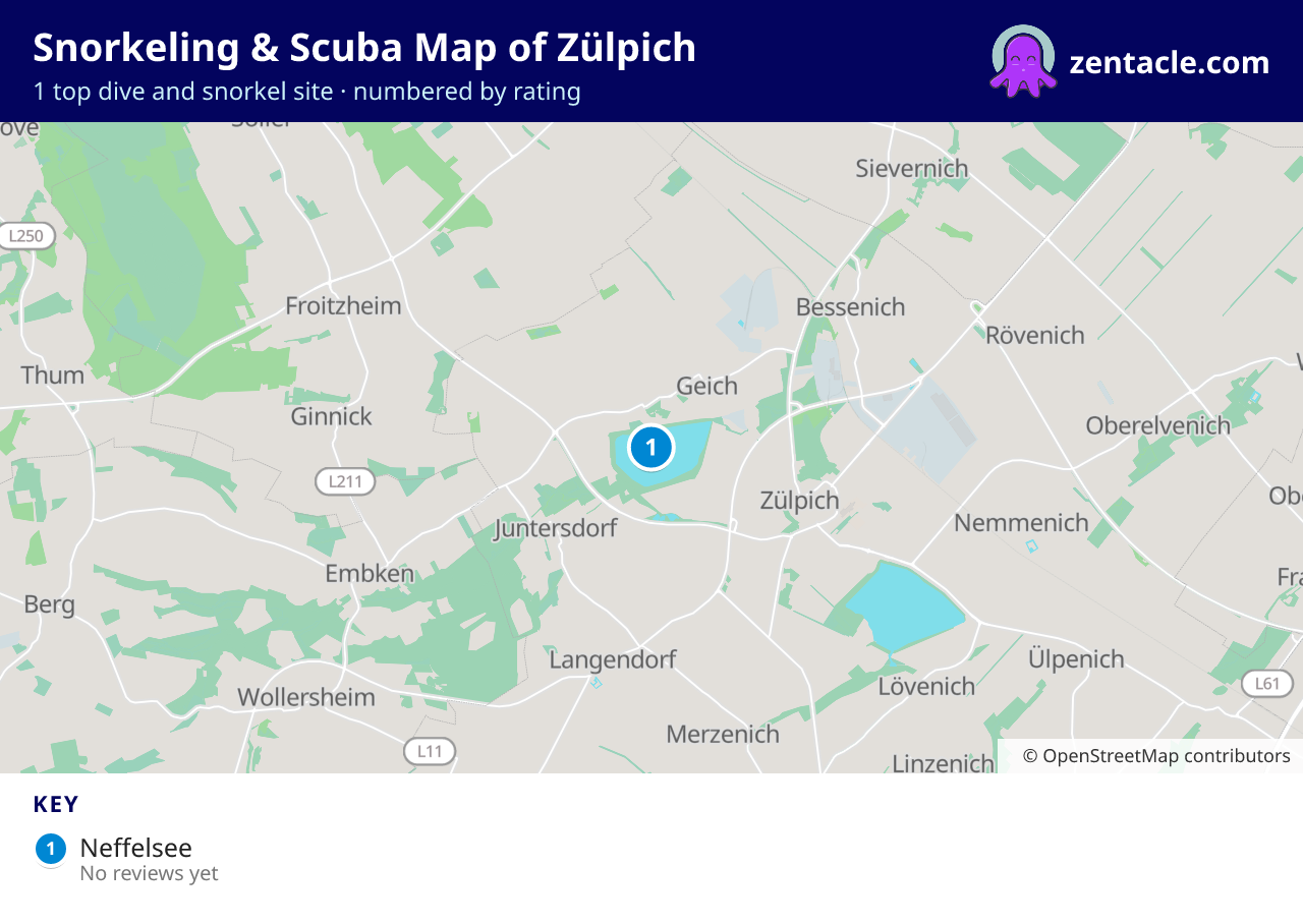 Snorkeling & Scuba Map of Zülpich: numbered map of the top 1 dive and snorkel sites, with ratings