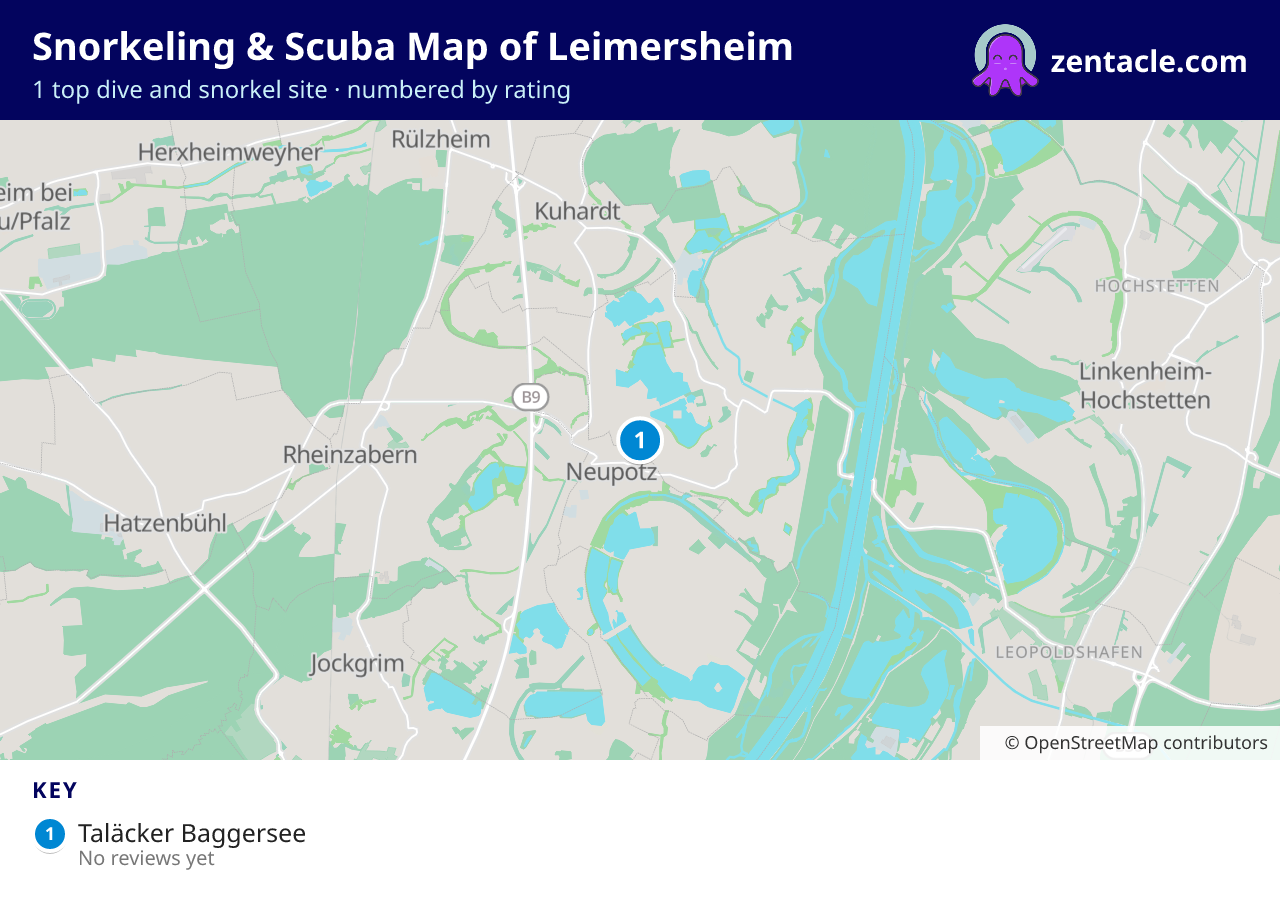 Snorkeling & Scuba Map of Leimersheim: numbered map of the top 1 dive and snorkel sites, with ratings
