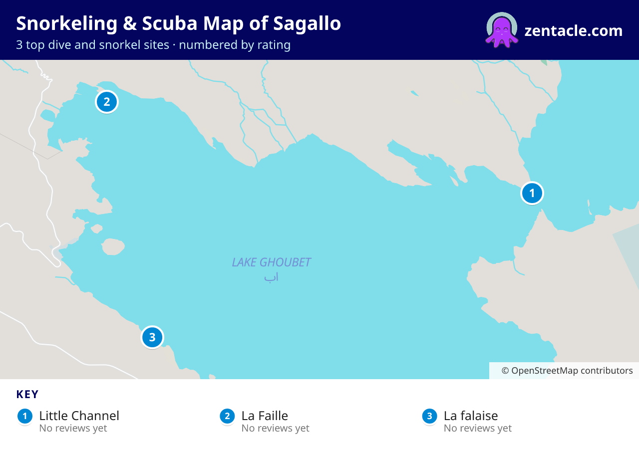 Snorkeling & Scuba Map of Sagallo: numbered map of the top 3 dive and snorkel sites, with ratings