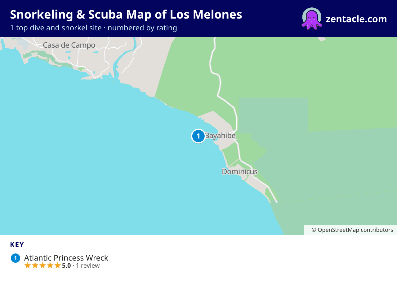 Snorkeling & Scuba Map of Los Melones: numbered map of the top 1 dive and snorkel sites, with ratings