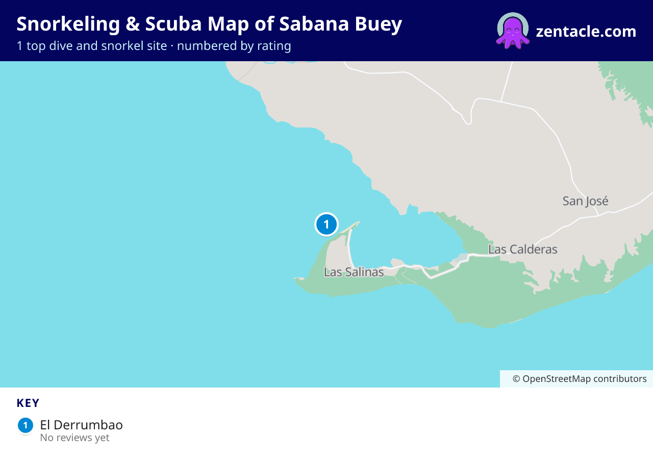 Snorkeling & Scuba Map of Sabana Buey: numbered map of the top 1 dive and snorkel sites, with ratings