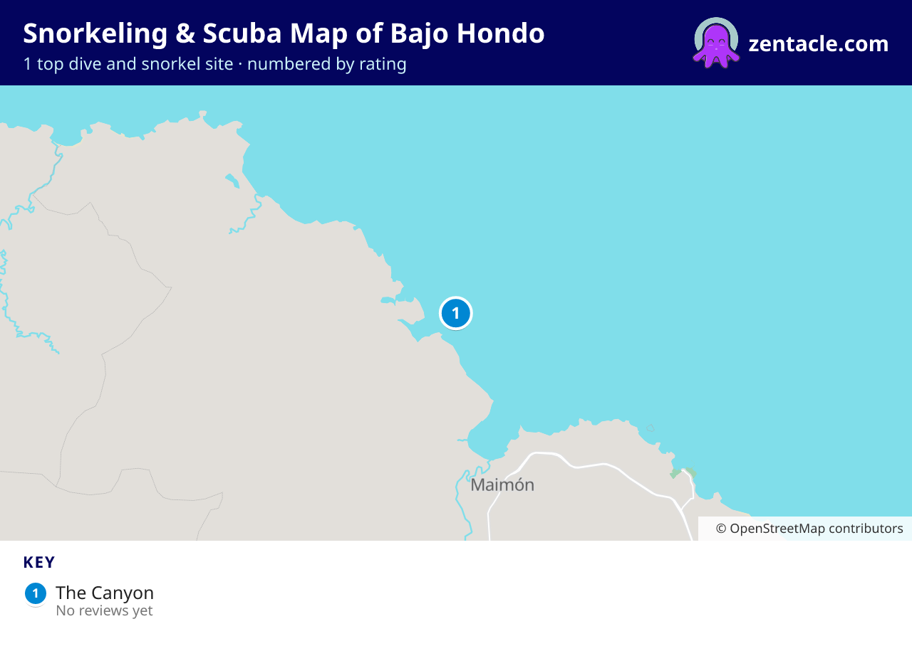 Snorkeling & Scuba Map of Bajo Hondo: numbered map of the top 1 dive and snorkel sites, with ratings