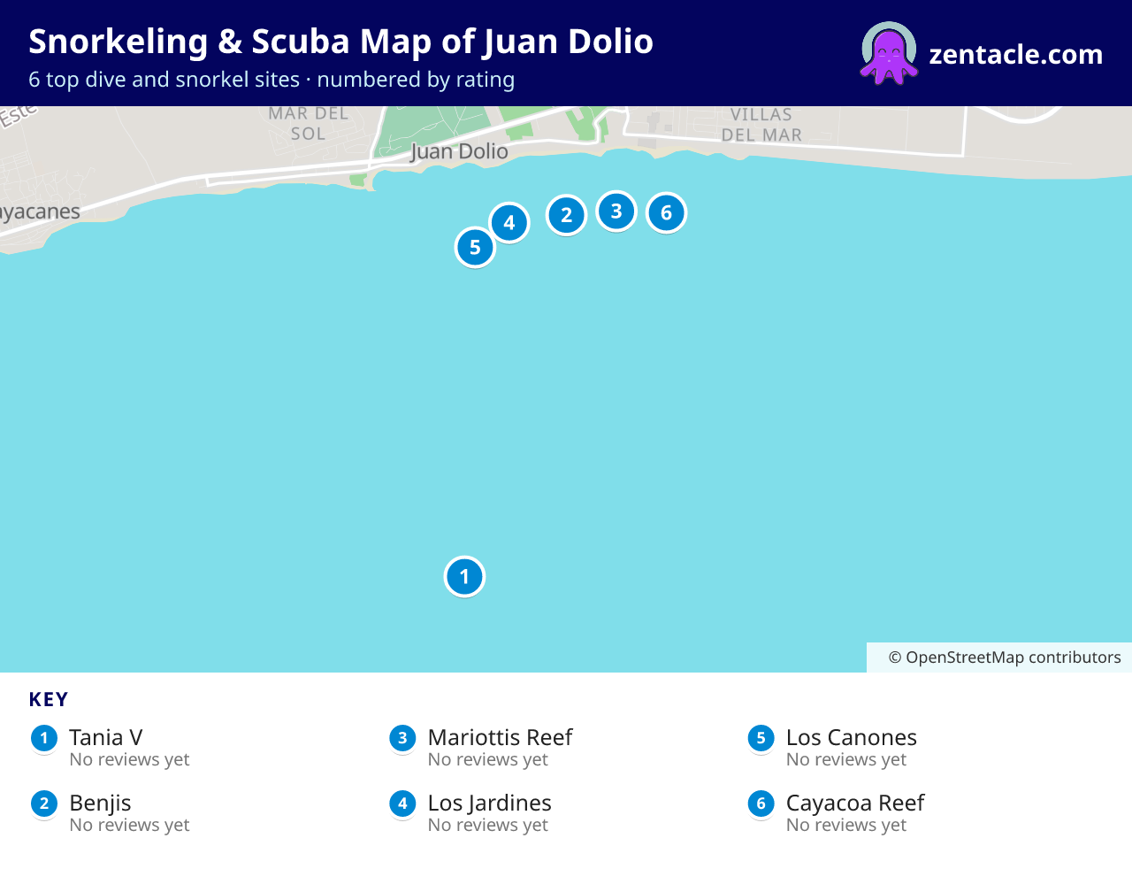 Snorkeling & Scuba Map of Juan Dolio: numbered map of the top 6 dive and snorkel sites, with ratings