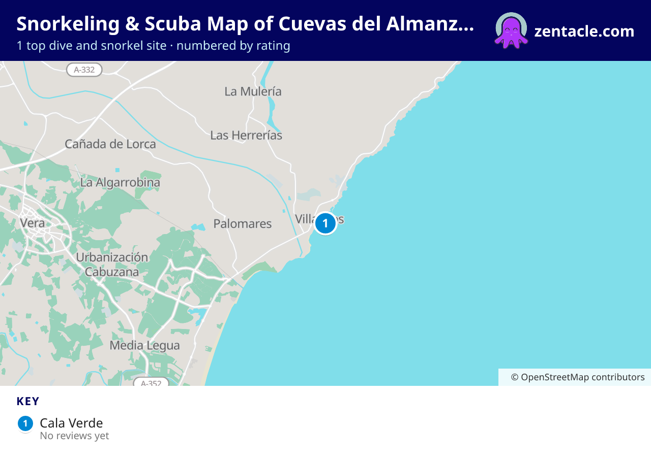 Snorkeling & Scuba Map of Cuevas del Almanzora: numbered map of the top 1 dive and snorkel sites, with ratings