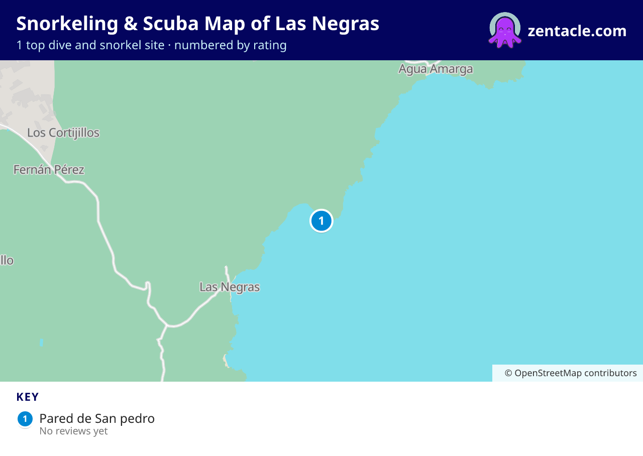 Snorkeling & Scuba Map of Las Negras: numbered map of the top 1 dive and snorkel sites, with ratings
