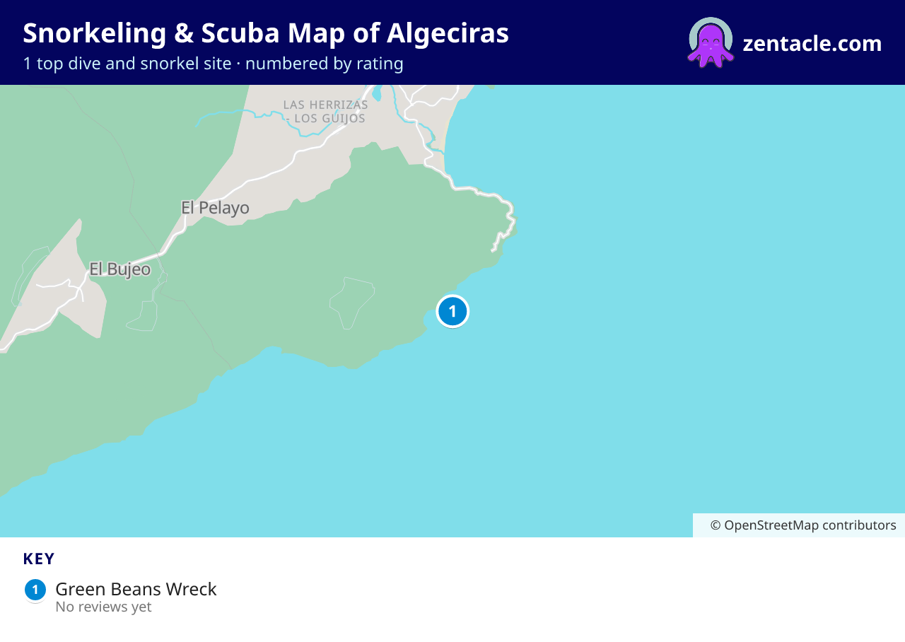 Snorkeling & Scuba Map of Algeciras: numbered map of the top 1 dive and snorkel sites, with ratings