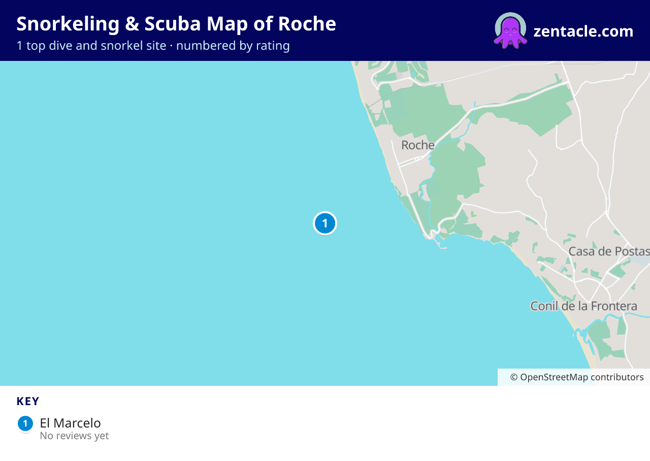 Snorkeling & Scuba Map of Roche: numbered map of the top 1 dive and snorkel sites, with ratings