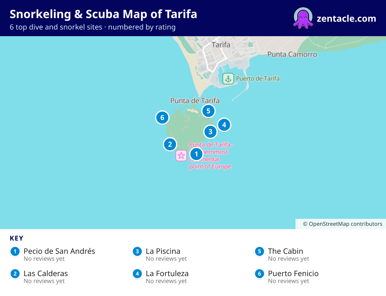 Snorkeling & Scuba Map of Tarifa: numbered map of the top 6 dive and snorkel sites, with ratings