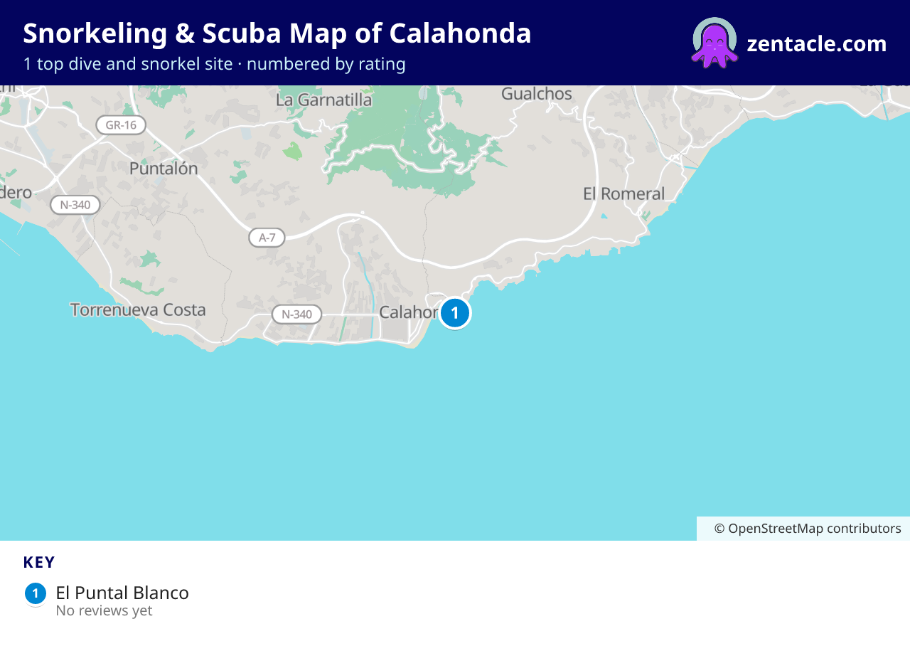 Snorkeling & Scuba Map of Calahonda: numbered map of the top 1 dive and snorkel sites, with ratings