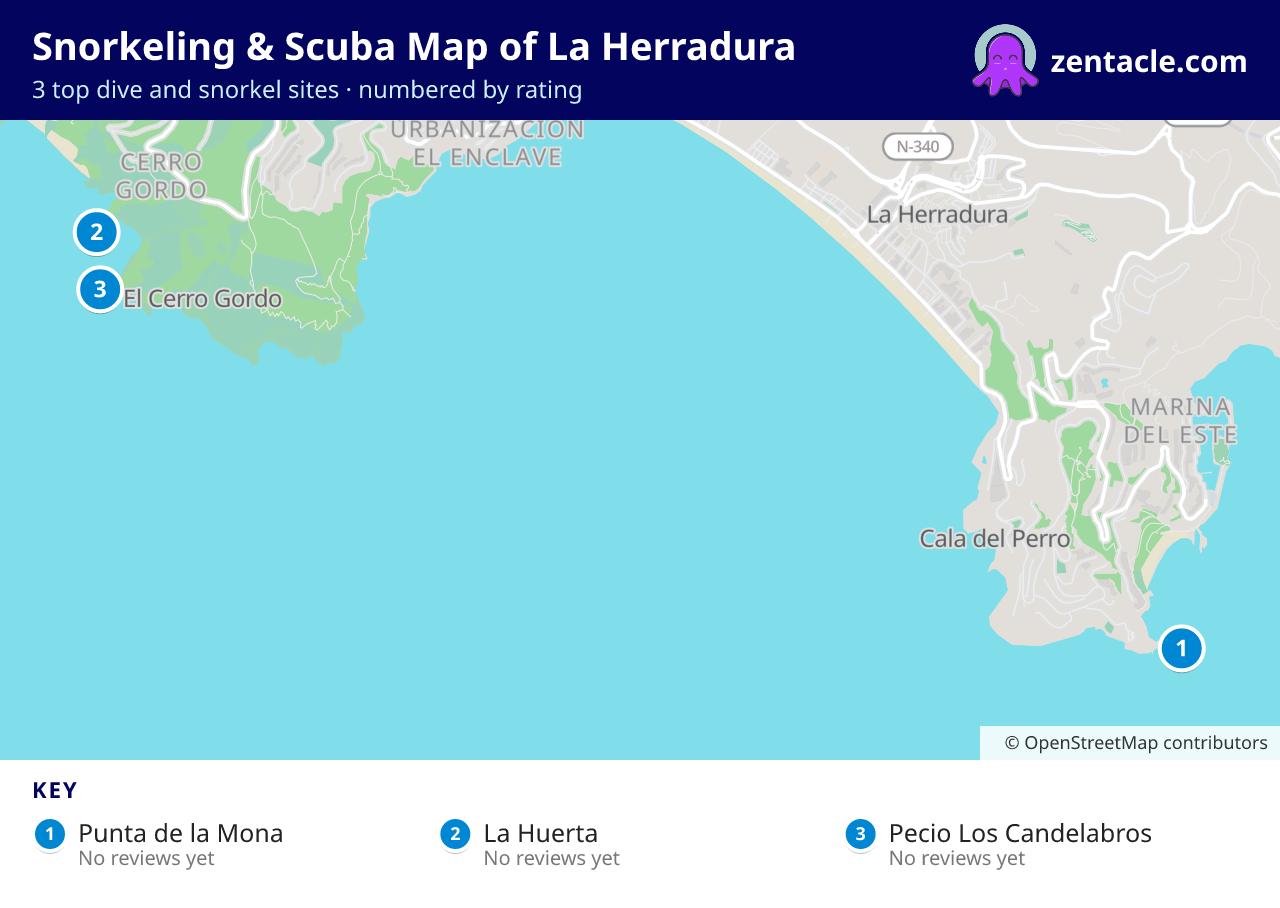 Snorkeling & Scuba Map of La Herradura: numbered map of the top 3 dive and snorkel sites, with ratings