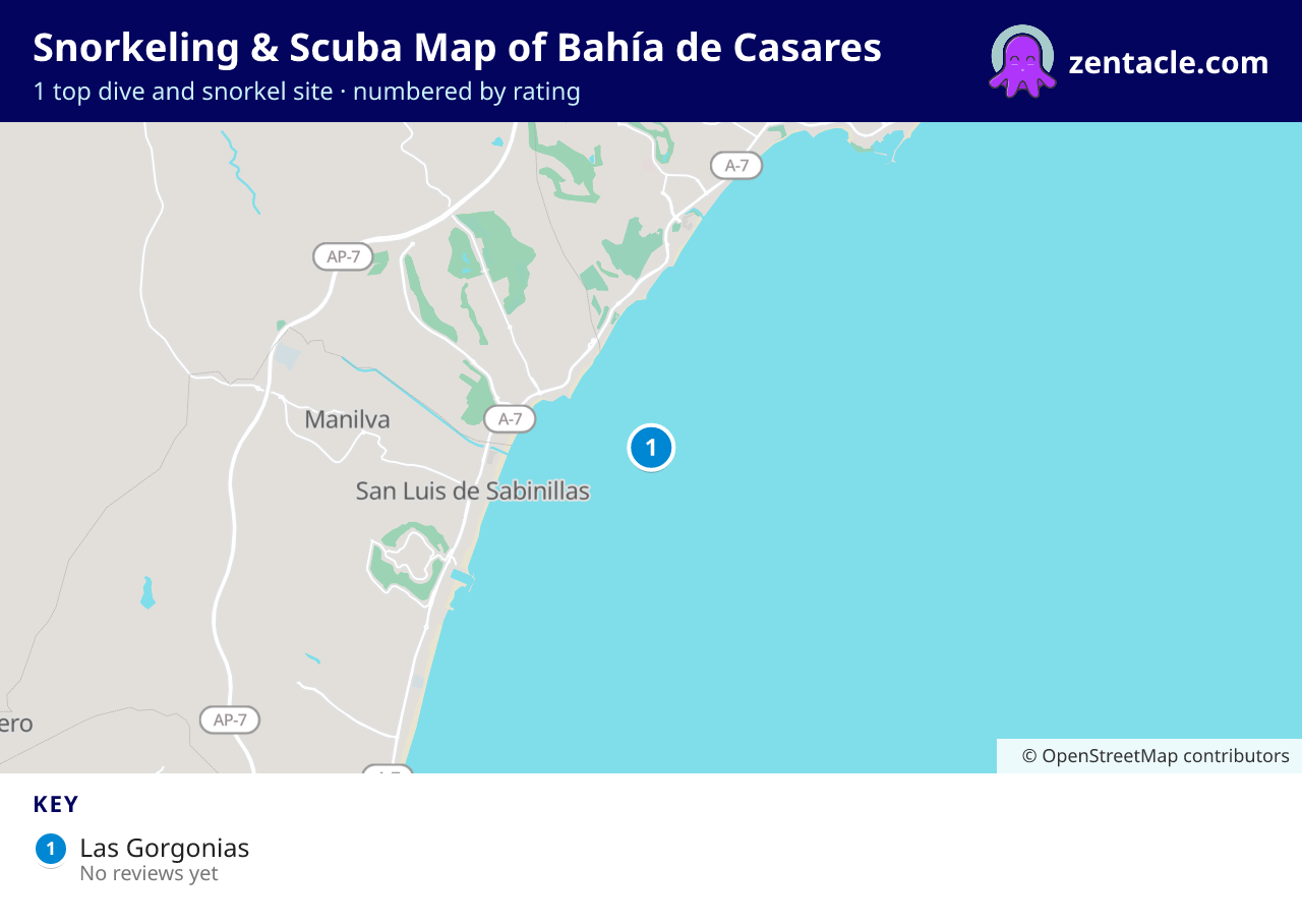 Snorkeling & Scuba Map of Bahía de Casares: numbered map of the top 1 dive and snorkel sites, with ratings